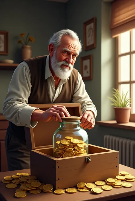 This old man placed the jar of gold coins in the wooden box that was left open on the table.