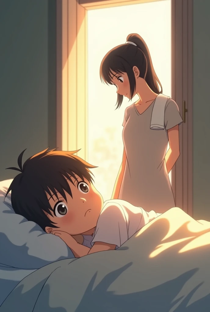 A BOY in bed with his mother at the door calling him, the mother has to have a dishcloth on her shoulder (vibe anime)