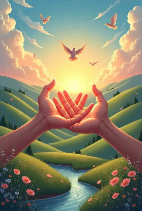 1. "Create an image that embodies peace, showcasing serene landscapes and soft colors."
2. "Design a joyful scene filled with vibrant colors and happy people celebrating together."
3. "Illustrate a moment of gratitude, featuring hands reaching out towards ...