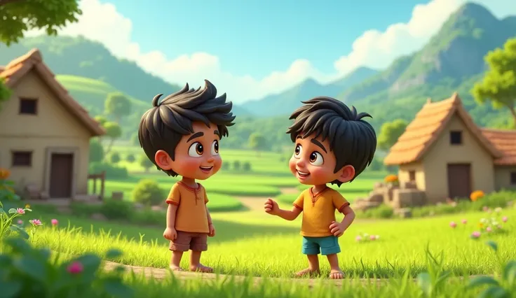 3d cartoon style image गाँव का सुंदर दृश्य, हरे-भरे खेत, पहाड़ियों और कुछ कच्चे मकान। गाँव के बीच में अर्जुन और विक्रम, एक किशोर लड़का चंचल और जिज्ञासु, और दूसरा शांत और समझदार, मिलकर हंसते-बतियाते हुए।