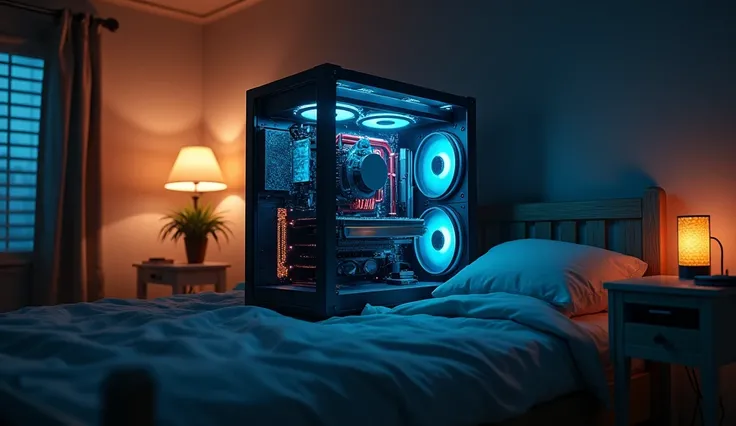 a highly detailed closeup view of a computer in a simple bedroom, dark room at night, ultra-detailed, photorealistic, cinematic lighting, dramatic shadows, mesmerizing colors, intricate details, complex textures, moody atmosphere, bedroom interior, minimal...