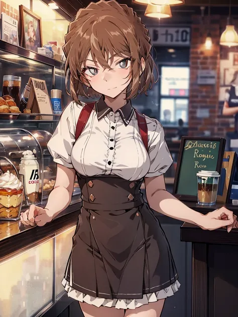 coffee shop, waitress, cute, beauty, short hair, haibara ai, brown hair, highest quality, 1girl, ccurate, (masterpiece), uhd, re...