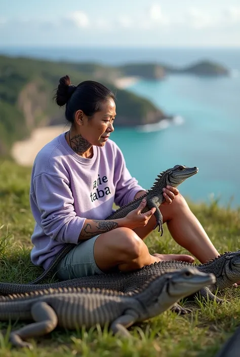 A native Asian man with his hair in a bun wearing a lilac colored sweater with the words " arie taba" wearing brown casual shorts , with tattoos on his neck and legs , Sitting on a hill on Komodo Island, Indonesia , green and shady grass , the man is holdi...