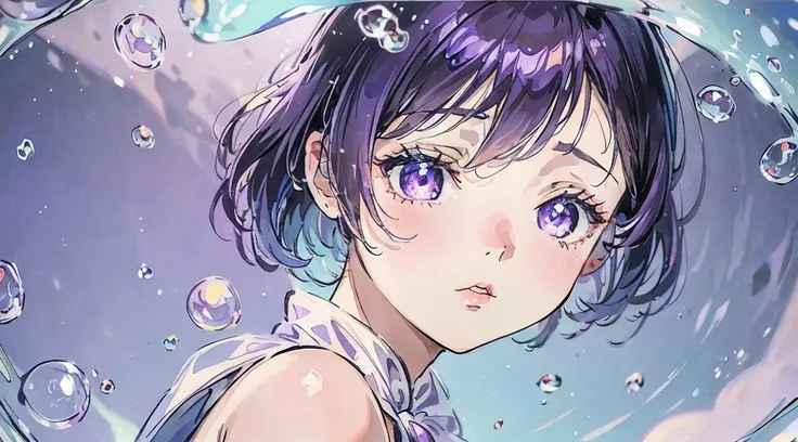 alone, One girl, Purple eyes, Purple Hair, bubble, View your viewers, Portraiture, Half-closed eyes, short hair, Mouth closed,shiny bubbles,bubbles, colour shining in bubble, reflective bubbles,bubbles ,bubbles all around, turning into bubble
