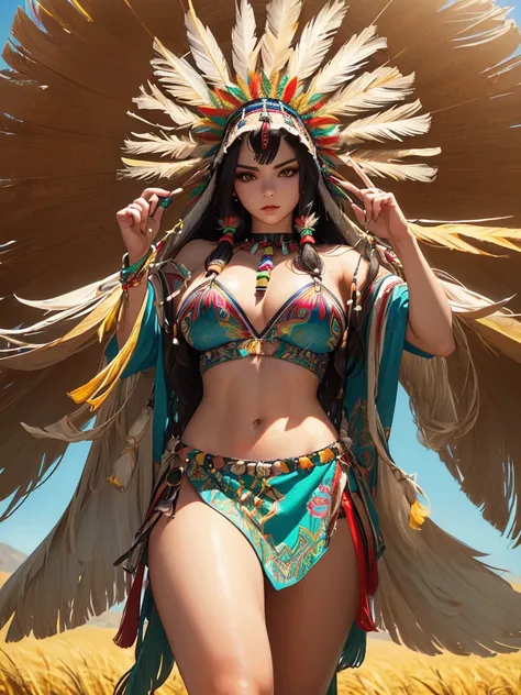 ((high detailed, best quality, 4k, masterpiece, hd:1.3)), ((best quality)), (((HD))), (((8k))), (ultraDH), (ultra HD), a native american woman, in open grassland, wigwam in background, native american headdress, wearing stereotypical feathered native ameri...