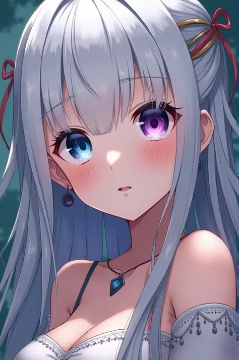 Anime woman, silver hair, blueish purple eyes, detailed eyes, sad, tribal, pretty, soft smooth skin, sfw, cute