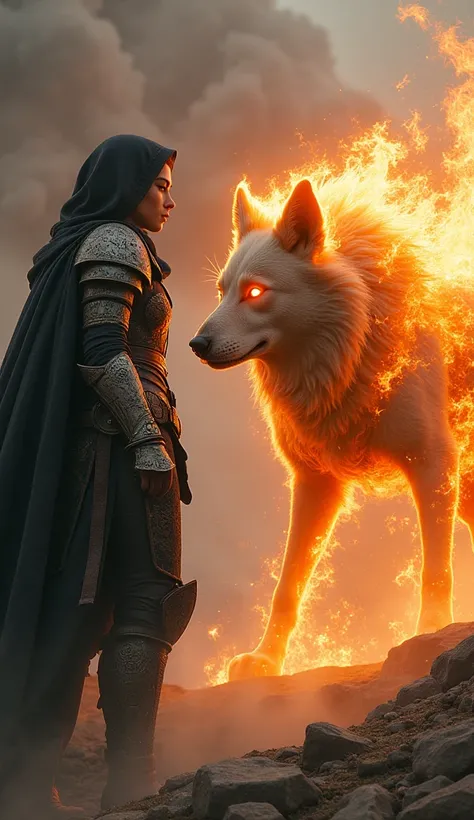 A beautiful girl wearing a cloaked armor, fight a fire dog