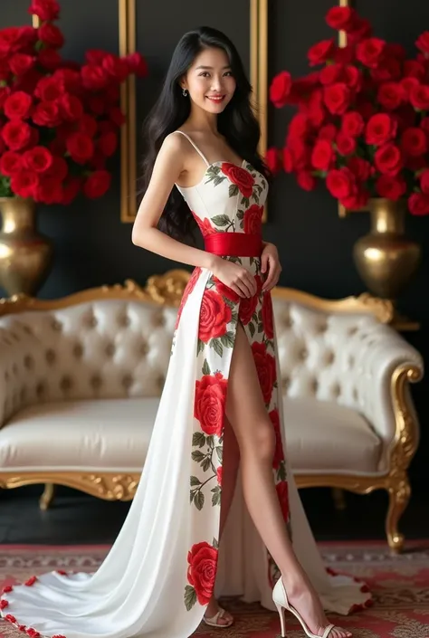 Create a full body beautiful Thai women smiling black long ponytail hairstyles, wearing a beautiful long white with red roses designs dress with red wide elastic waist belt, standing on the beautiful sofa the Left And right has rose flower vase and white h...