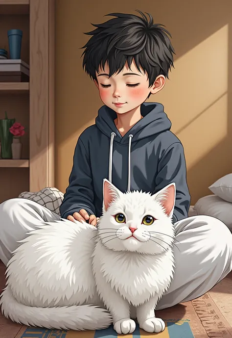 A white bool cat sitting next to the boy in the image