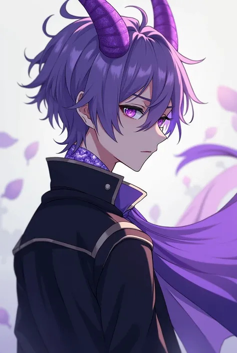 1male, teenager boy, tall teenager boy build, short boy violet hair, violet dragon eyes, tall violet dragon horns on head, violet dragon scales on neck, closed black jacket with asymmetrical brim and long sleeves and a high collar, serious calm look, calmi...