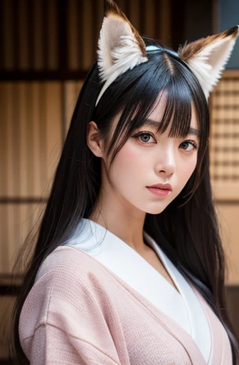 Female with animal ears, Nine tailed fox girl, Japanese style clothing, Portraits of Japanese people in their twenties, beautiful妖怪,Glamorous appearance, 8k,(masterpiece),((beautiful))