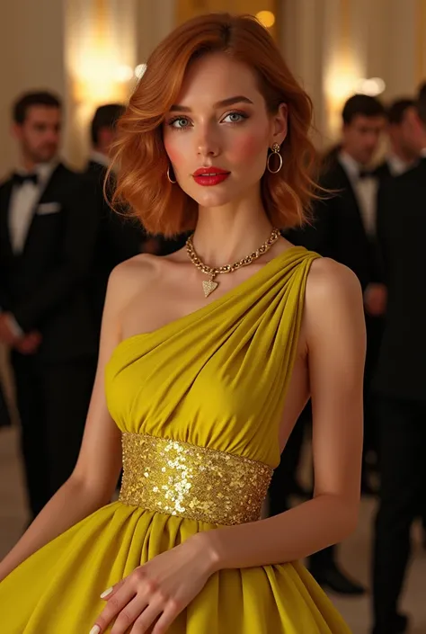 Beautiful fit adult woman, age 31, chartreuse taffeta one shoulder sequined ball gown, pantyhose, black high heels, blush cheeks, red lipstick, wavy shoulder length auburn hair with strawberry blonde highlights, deep blue eyes, at a formal gathering, pierc...