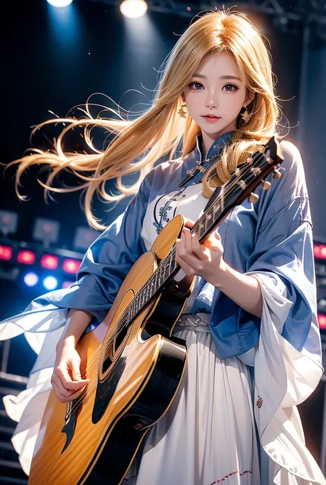 Drawing the concert scene of THE ALFEE。The three members stood in the center of the stage.、each々is singing powerfully while playing the guitar.。Takamizawa-san had her long, shiny blonde hair fluttering in the wind.、Dressed in gorgeous clothing、Brilliant le...