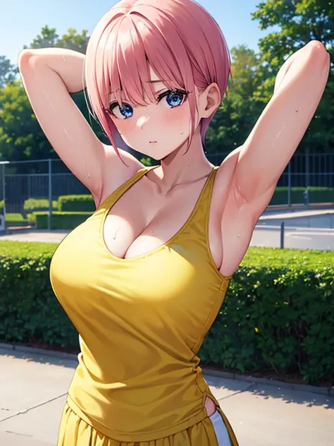 Photographed at the playground,Show the whole body,One Can Be, Ichika Nakano, Short Hair, Bangs, Blue eyes,Hair between the eyes, Pink Hair,Big Breasts,Cleavage,Yellow Cheerleader Outfit,Hands behind head,Show your side,Sweat from the sides