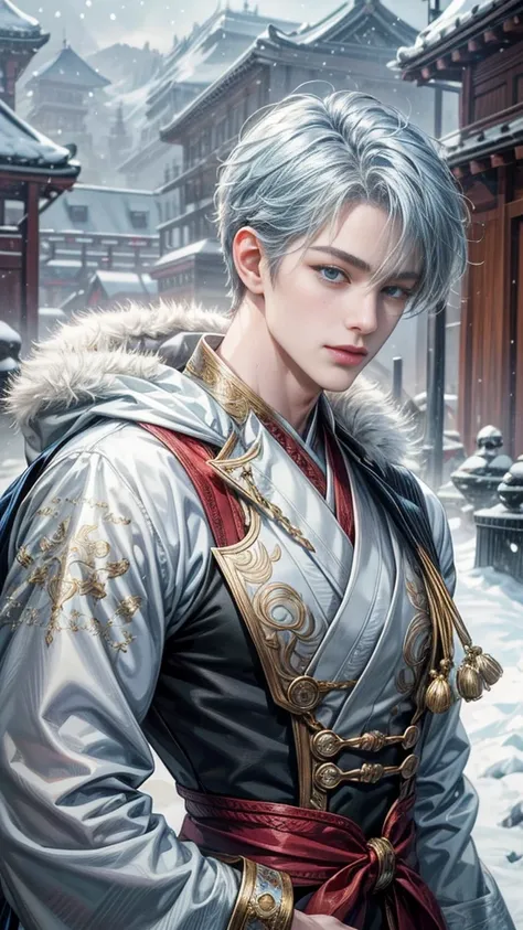 (Absurd, High resolution, Super detailed, High resolution), masterpiece, Intricate details, Top quality close-up photos of Snow Country characters, Handsome looking characters, Face of Korea, Light blue original hair, Combed Hair,Swept-up hair,The front ha...