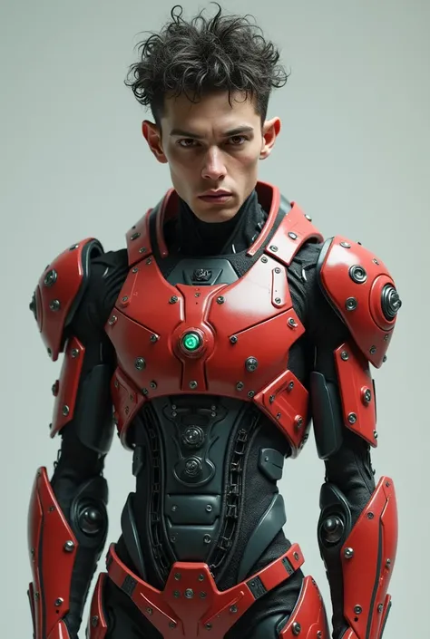 thin man, packed skin, , curly hair ,small eyes,red armor robotic outfit .high detail,3d render,looking at the viewer 