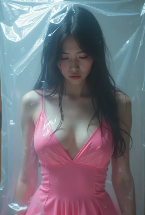 A cute long-haired Japanese girl，1，Height 160cm,Wearing a latex pink dress,Mattress vacuum storage bag,vacuum pack,Suffocation,Remove the air from inside the bag,translucent,hazy，nose、mouth、head、Chest、Plastic bag reflective creases on hands，Full body closu...