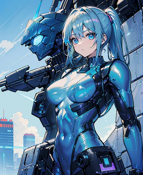 ((Holographic glow effect))、Blue Hair、Masterpiece、Best Quality、1 person、Medium breast、((Album cover))、Light on Face、Slim Body、Blue Costume、Exoskeleton、metal Gear、Cyberpunk Style、ponytail、The Gundam pilot、attention arousal，Ride a fighter