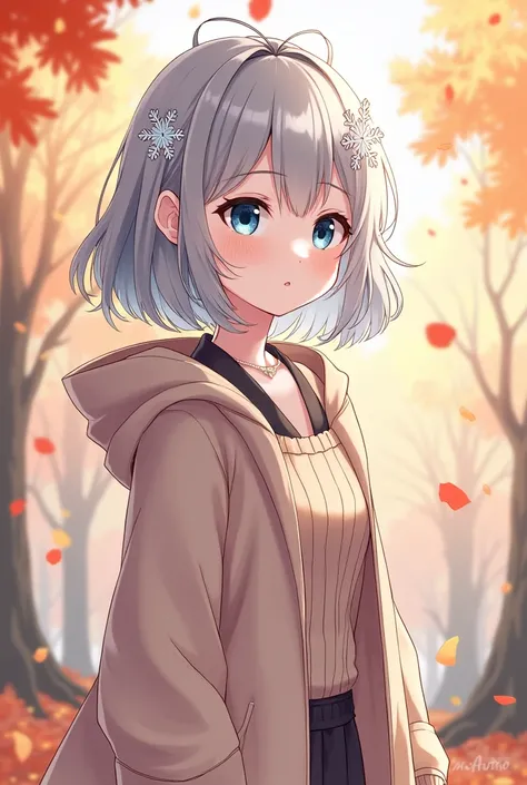 Please create a V-Tuber image with the following settings.。

### Yukino Rin (Yukino Rin)

2 female  
**height**: 158cm  
**character**: Kind and gentle、A little shy but strong-willed  
**What we liked**: anime、game  

**visual**:
- Silver hair with snowfla...