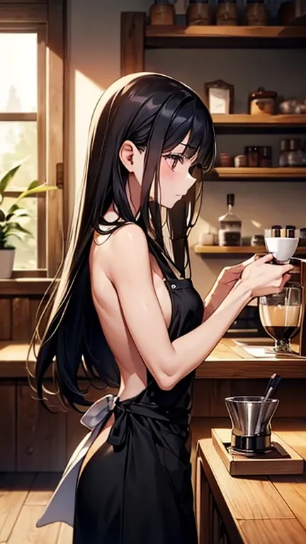 Working at a wooden counter, beautiful woman, long straight black hair, nude apron, naked and wearing only an apron, holding tools for making coffee, thoughtfully concentrating on preparing a drink, indoor cafe, warm lighting, well-organized wooden shelves...