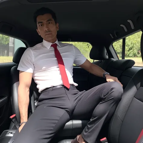 50 years old,One Man,black shirt、red tie,black slim trousers、Inside the car、squat、Tall dark-skinned man、Dark Asian face,muscle,Gay ,7:3 parting / all back,Stubble、Sitting with legs open、erection、The crotch area is bulging、Stubble,Asian man&#39;s face,Herme...