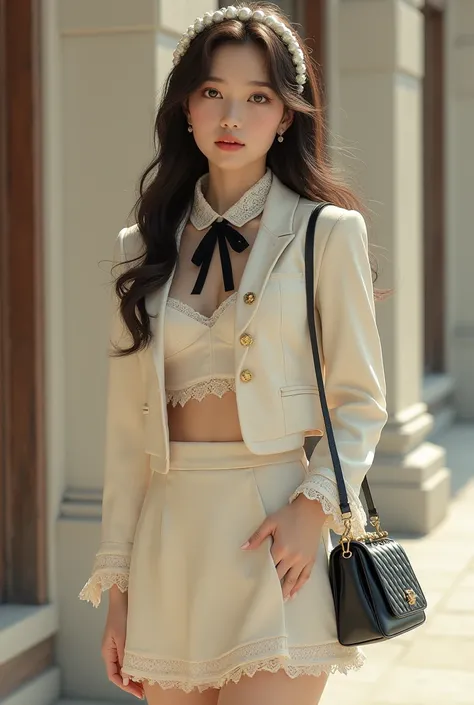 “A young woman dressed in an elegant, vintage-inspired outfit. She wears a cream-colored cropped jacket adorned with pearl buttons and a black ribbon at the collar, paired with a matching high-waisted skirt. Her ensemble is accentuated with lace details at...