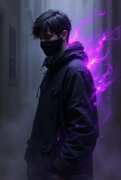  Teen boy that has purple aura, hes looking sideways and he has a full mask on. His clothes is messy and he basically look like dark themed shadow demon teen boy