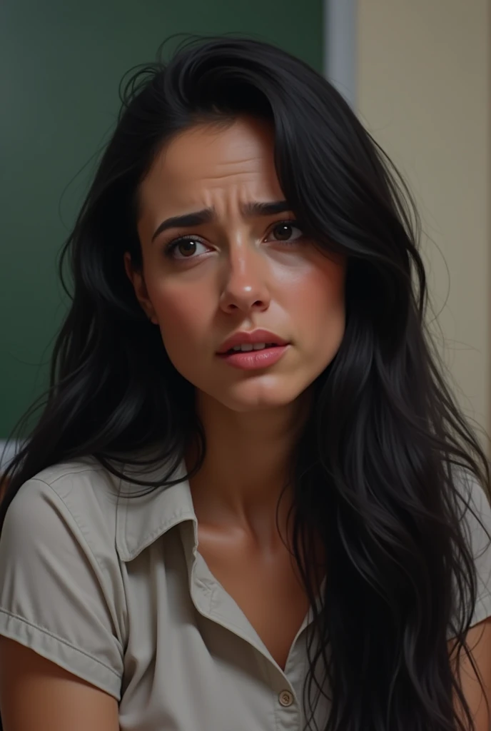 a woman from Rio Grande do Sul with long black hair, about 30 years old, who works as a school administrator, being a little angry