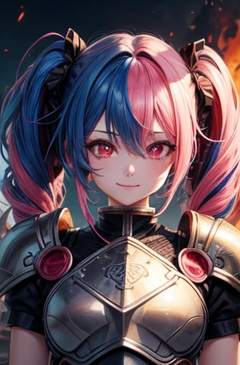 Highest quality, 4K, masterpiece, Very detailed, Attention to detail, One girl, alone, peri, Blue Hair, Hair on one eye, Multicolored Hair, Twin tails, Pink Hair, Red eyes, Two-tone hair, armor, smile, Burning city background