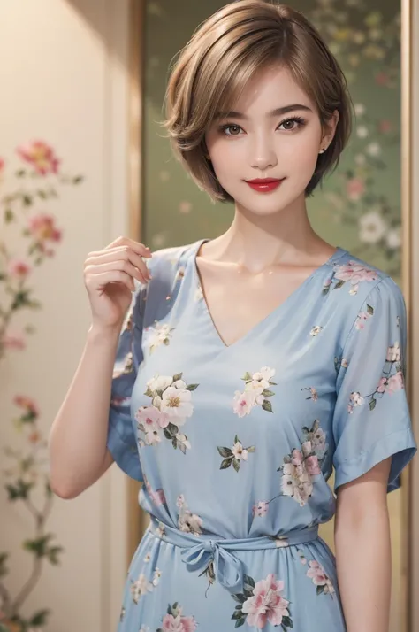 109
(a 20 yo woman,is standing), (A hyper-realistic), (high-level image quality), ((beautiful hairstyle 46)), ((short-hair)), (Gentle smile), (Keep your mouth shut), (lipsticks), (breasted:1.1), Floral clothing