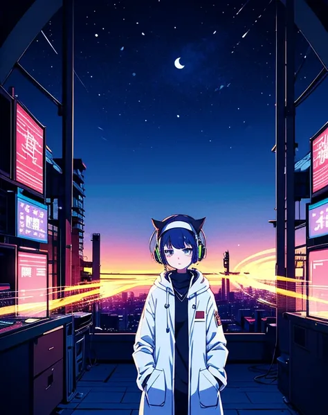 Detailed anime for girls, Wearing a white coat, Wear headband headphones, praise, quiet, quiet雰囲気, cold, Gazing at the desert sky, night, quietnight, Cat, masterpiece, Highest quality