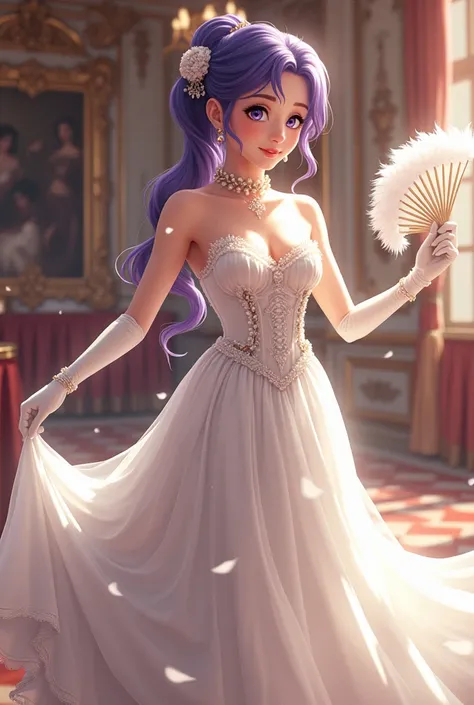 royal palace。Dance。Debutant。Lady。Duke&#39;s Daughter。。beautiful girl。Glossy purple hair。Indigo eyes。Rococo Dress。White full-hemmed dress。White long gloves。A beautiful white feather fan。Pearl ornaments。Royal etiquette。Courtesy。Misha style。
smile, 