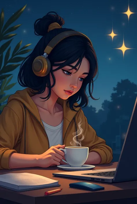 A girl working while listening to jazz and holding a cup of coffee in one hand　Night sky in the background