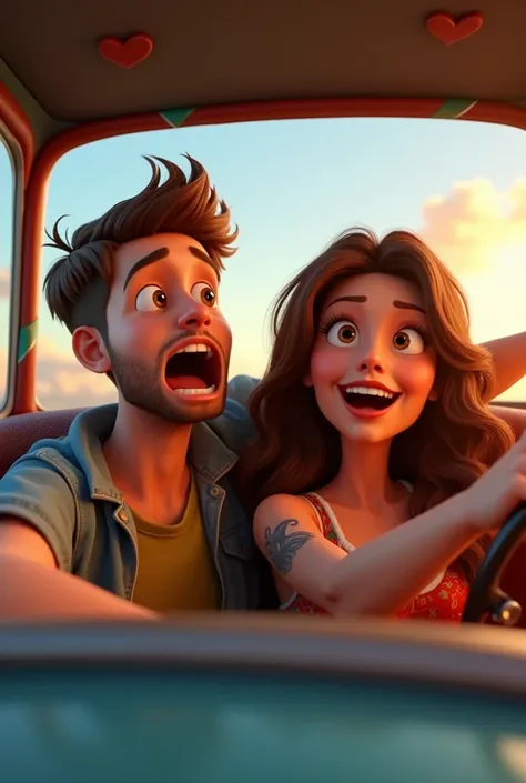 Image style animation 3D Pixar. Un jeune homme brun au yeux marron, habillait décontracté avec un petite barbe et un tatouage au bras, avec une jeune femme tatouée et curvy brune aux cheveux long bouclés aux yeux marron, habillé en tenue décontractée. En v...