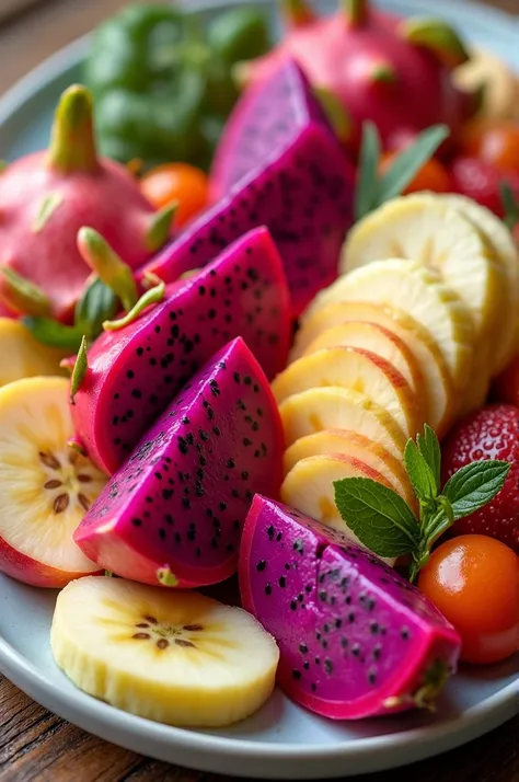 Dragon fruit, apple, banana for party plate