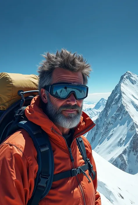 The summit of Mount Komalanga, a climber carrying an oxygen tank on his back, photographed from the summit, close-up on the climber, silvery white summit, indigo blue sky, the tanned face of the climber wearing goggles, high-definition realism, detailed dr...