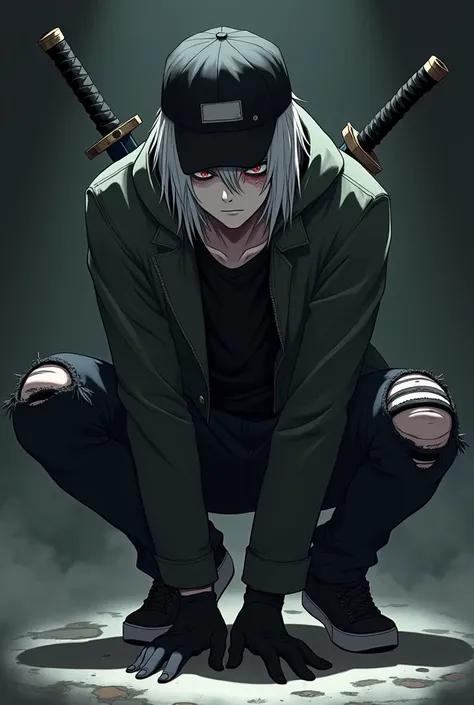 Crouching teenage anime With a black backwards cap with red eyes He is completely white with a scar on his right eye He wears a long-sleeved jacket He looks like a married man He wears black gloves He wears black jeans ripped at the knee Black sneakers He ...