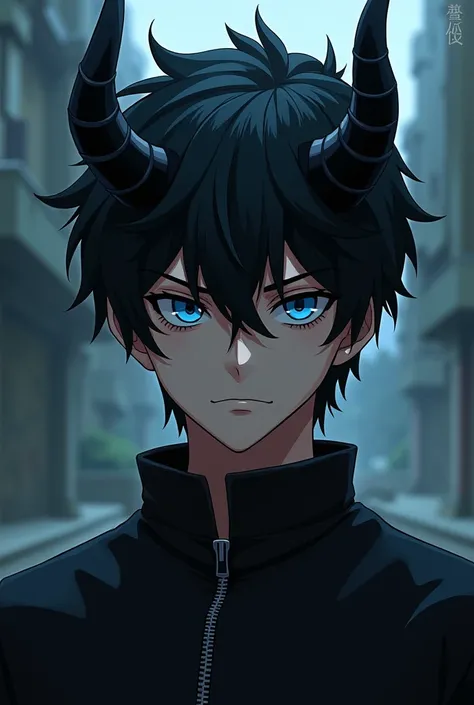 Villain with black hair, blue eyes, cool black horns, teenage boy, anime style