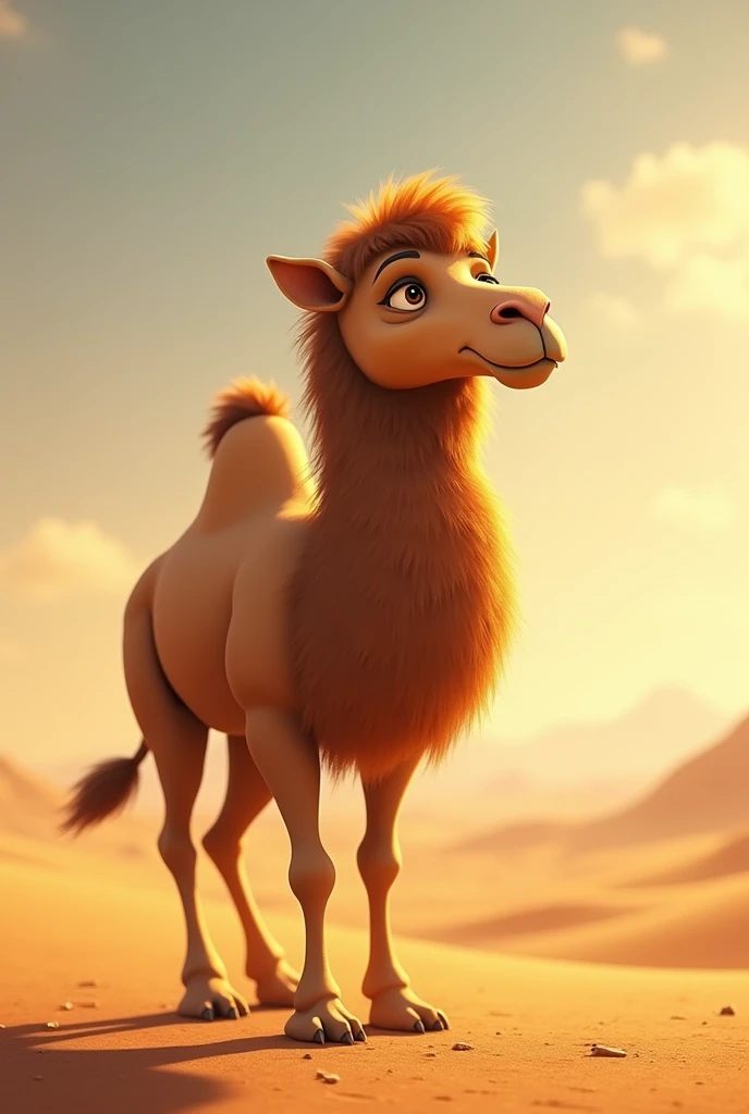 Camel with a long snout, a sad expression, golden fur, big brown eyes walking in the desert with the sun shining, Pixar Disney style 