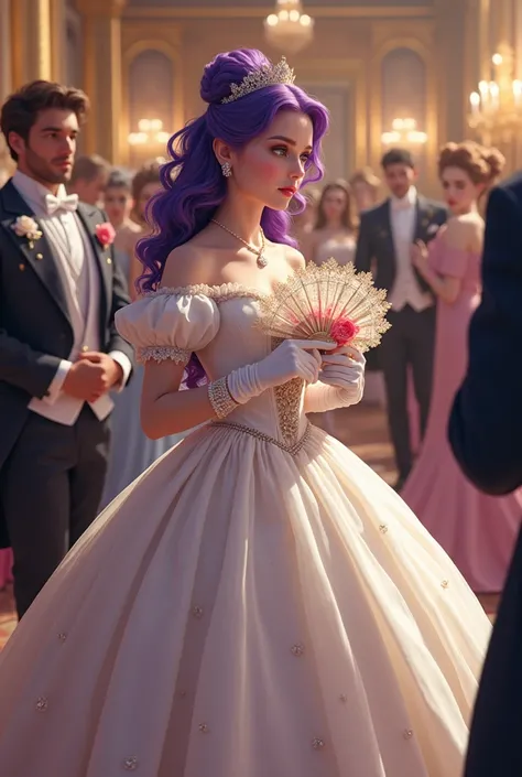 royal palace。Dance。Debutant。society。Lady。Noble daughter。。beautiful girl。Glossy purple hair。Indigo eyes。Rococo Dress。A sophisticated white dress。A dress with a full hem。Princess Line。White long gloves。A white lace fan decorated with flowers。Pearl ornaments。...