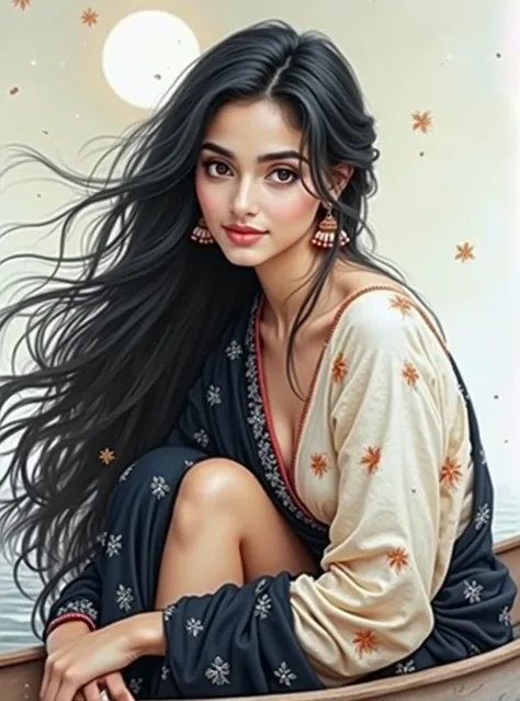 in the style of impressionistic portraiture, indian scenes, photorealistic portraiture, 8k resolution, flowing fabrics, soft femininity, Make an image of A beautiful romantic cute white indian woman who looking a great and attractive body shape, she has lo...