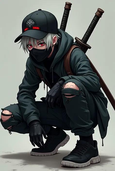 Crouching teenage anime With a black backwards cap with red eyes, he is completely white with a scar with a mask on his mouth and right eye, he wears a long-sleeved jacket, he looks like a married man, he wears black gloves, he wears black jeans ripped at ...