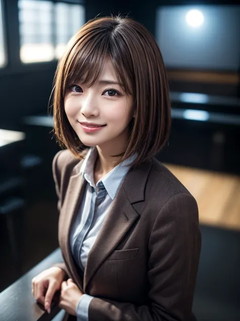 Highest quality, Realistic, Very detailed, finely, High resolution, 8k, Cinema Lighting, 1 person, Beautiful Japanese Women, 30 years old, light brown straight bob hair, Wear a business suit, (Blurred Background, indoor, noon, Light of the sun), Sharp focu...