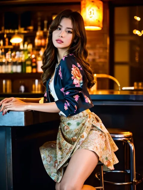 Floral print blazer jacket、Vertical ruffle silk blouse、(Floral print midi skirt:1.3)、((Full Body Portrait))、silk pantyhose、High heels、((両脚とHigh heelsが奇麗に見えている))、1 girl、Perfect Anatomy, Perfect body, Perfect hands, Perfect Face, Perfect Eyes, Accurate, Anat...