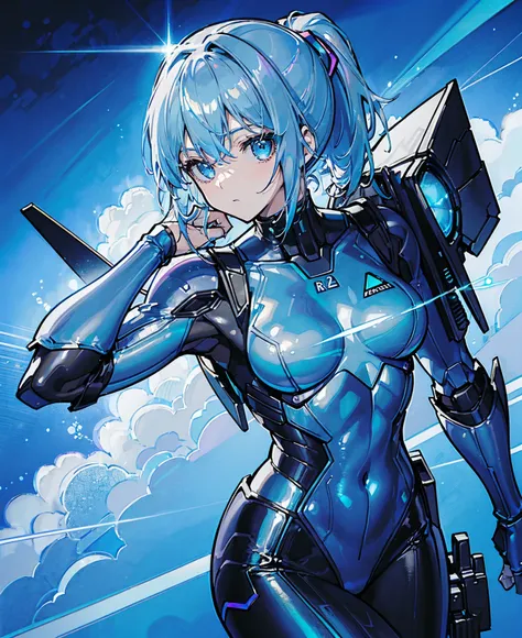 ((Holographic glow effect))、Blue Hair、Masterpiece、Best Quality、1 person、Medium breast、((Album cover))、Light on Face、Slim Body、Blue Costume、Exoskeleton、metal Gear、Cyberpunk Style、ponytail、The Gundam pilot、attention arousal，Ride a fighter