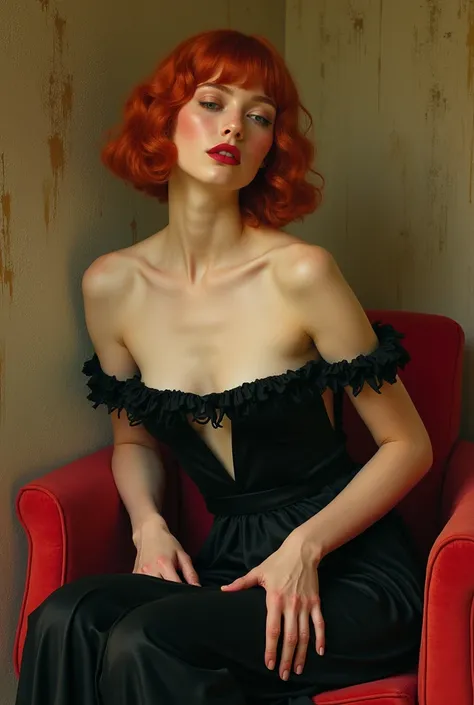 jugendstil seated full body unclothéd n u d e nudé n a k e d Ella Highes redhead goth woman by John William Godward and kevin wada   (style  by Klaus Frahm)