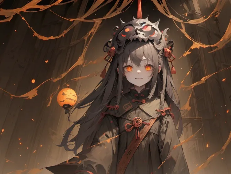 1 demon, Devil face detail, Scary Costumes , Chinese Ghost Festival，Nakaka Universe，Ghostly Breath，Light and dark of the night city，Detailed texture of spooky tree branches，A transparent ghost floats in the smoke，Lanterns hanging from a tree，There are flow...