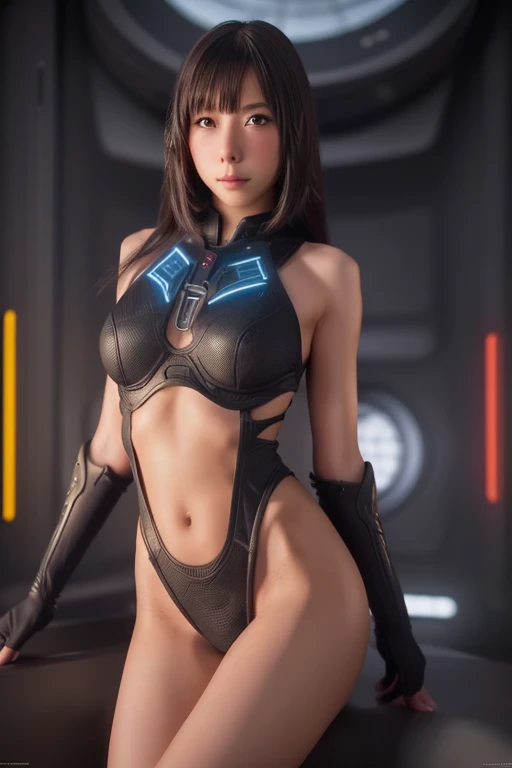 a cute yuna, sexy cylon raider cosplay, detailed face and eyes, long eyelashes, beautiful detailed lips, extremely detailed features, seductive and dangerous poses, space ship setting, cyberpunk, futuristic, cinematic lighting, neon lights, glowing, dramat...