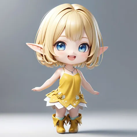 Super realistic illustration, 3D rendering, ultra-small deformation, Chibi Cute, 1 fairy elven girl, solo, full body, blonde pixie cut, blue eyes. drooping thin Pointed Ears, smile with open mouth, half-closed eyes, silver necklace, yellow camisole and min...