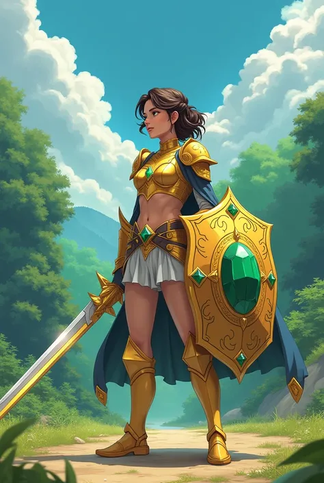 A 1 teenager standing on a plain with a dense jungle behind her, viewed from her left side. She is wearing golden armor with intricate designs and is looking to her right, her eyes a striking emerald color. In one hand, she holds a titanium sword with gold...